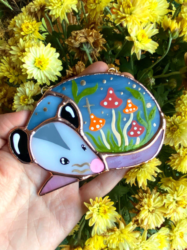 Sleepy Mushroom Bunch Opossum Mini Stained Glass Suncatcher