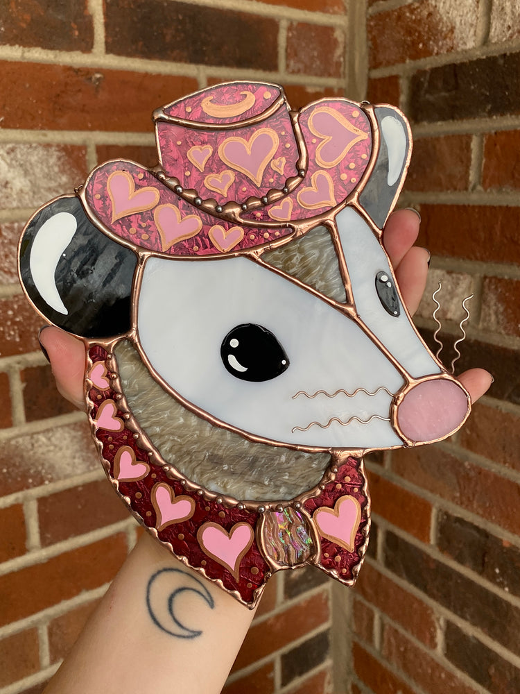 Pink Heart Cowgirl Opossum Stained Glass Suncatcher