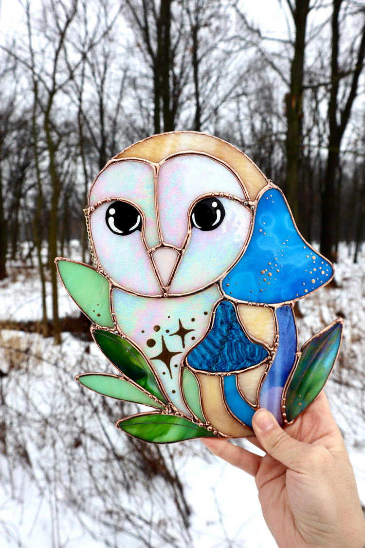 Blue Barn Owl Large Stained Glass Suncatcher