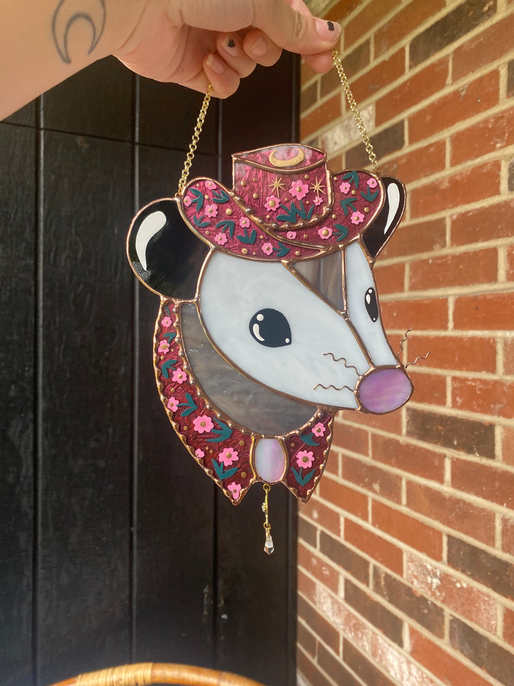 Pink Flower Cowboy Opossum Stained Glass Suncatcher