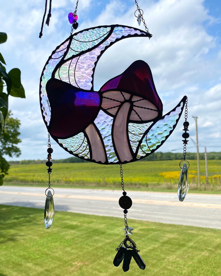 Spiderweb Mushroom Moon Stained Glass Suncatcher