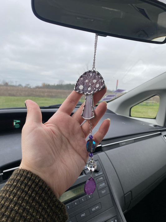 Whimsy Purple Mushroom Stained Glass Car Charm