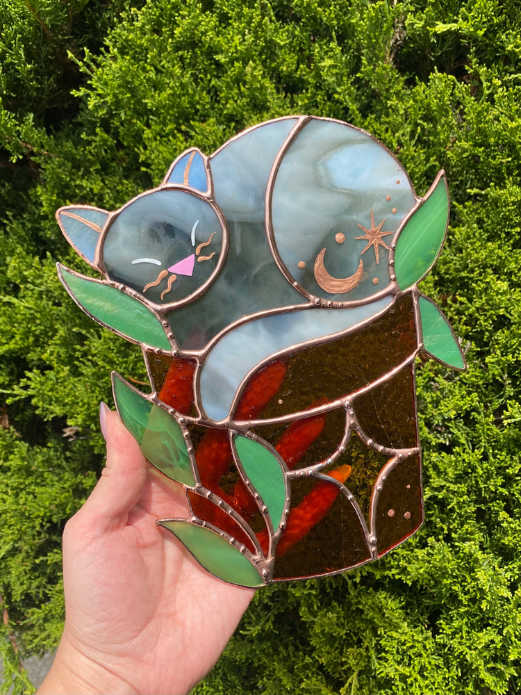 Sleepy Grey Flowerpot Cat Stained Glass Suncatcher