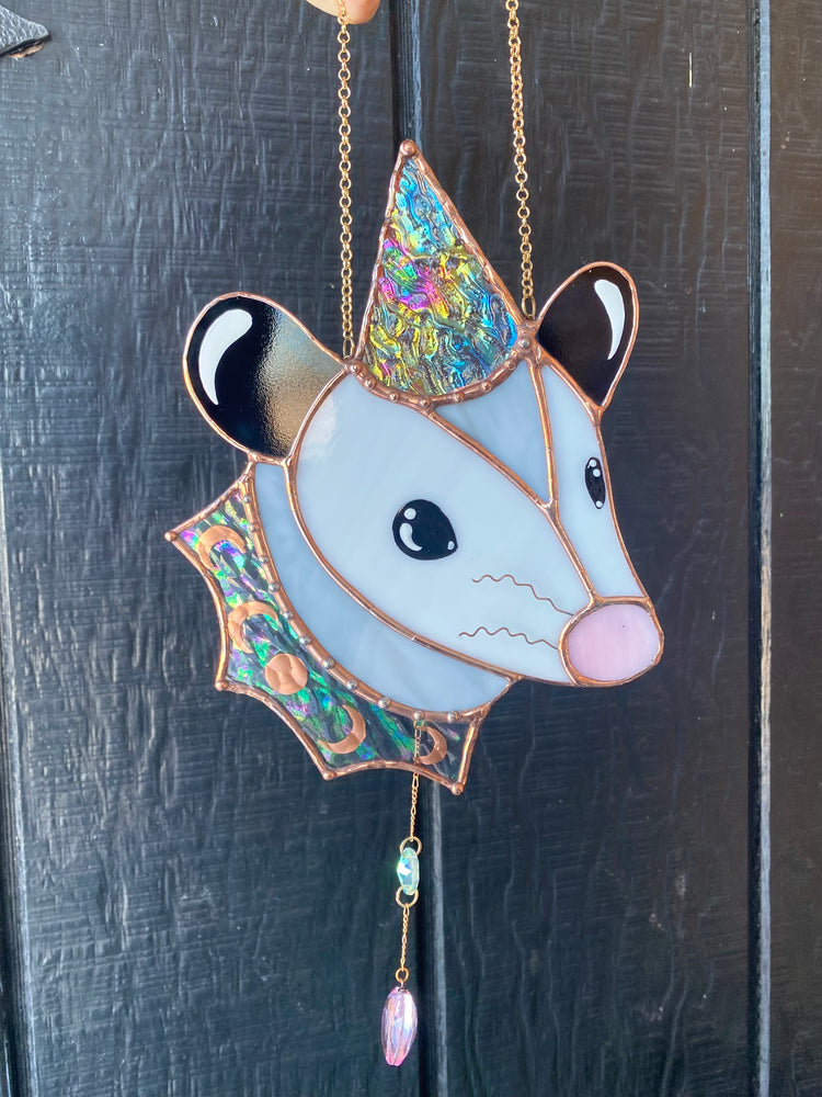 Iridescent Wizard Opossum Stained Glass Suncatcher