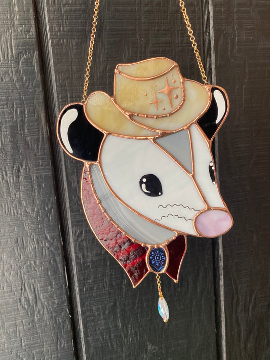 Cowboy Opossum Stained Glass Suncatcher