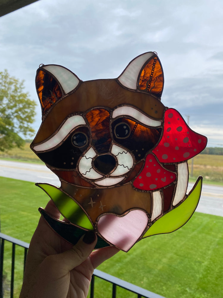 Mushroom Raccoon Stained Glass Suncatcher