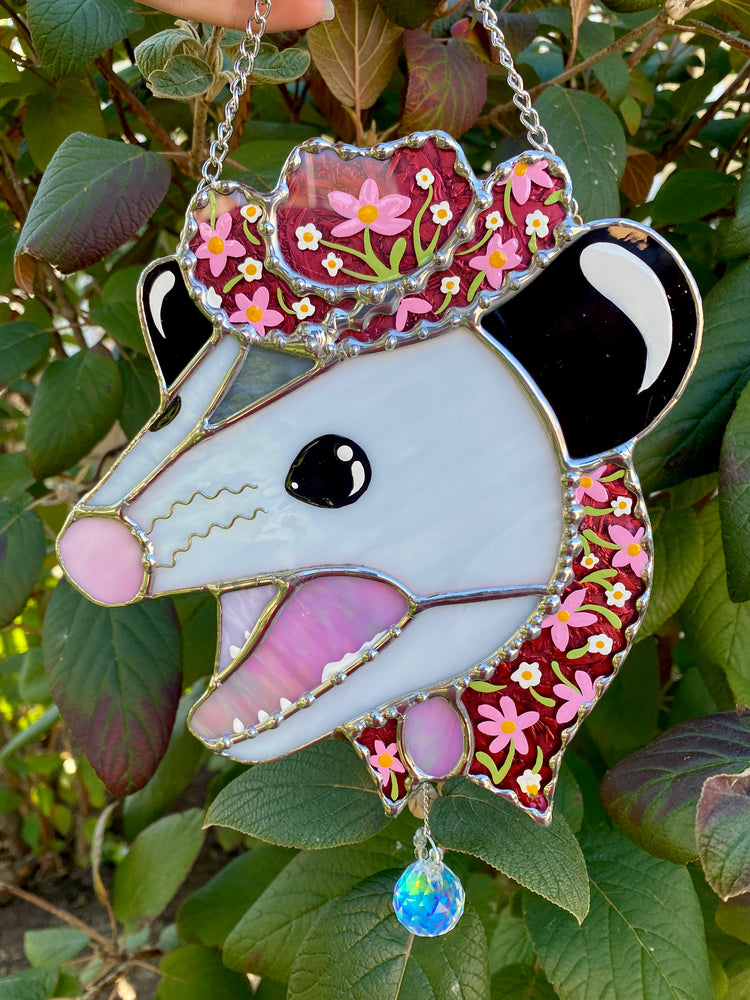 Screamy Flower Opossum Stained Glass Suncatcher