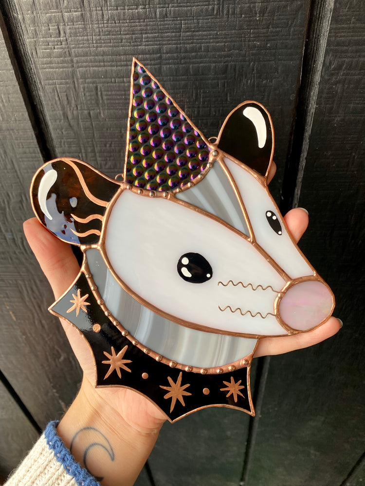 Cosmic Wizard Opossum Stained Glass Suncatcher