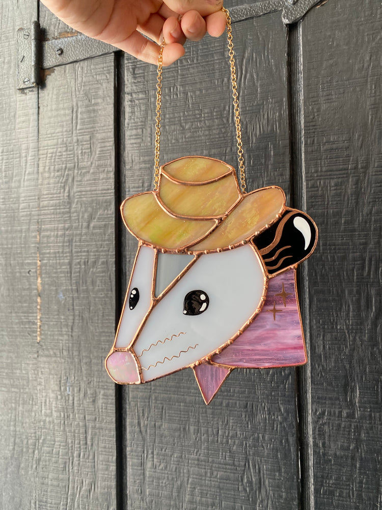 Pink Cowboy Opossum Stained Glass Suncatcher