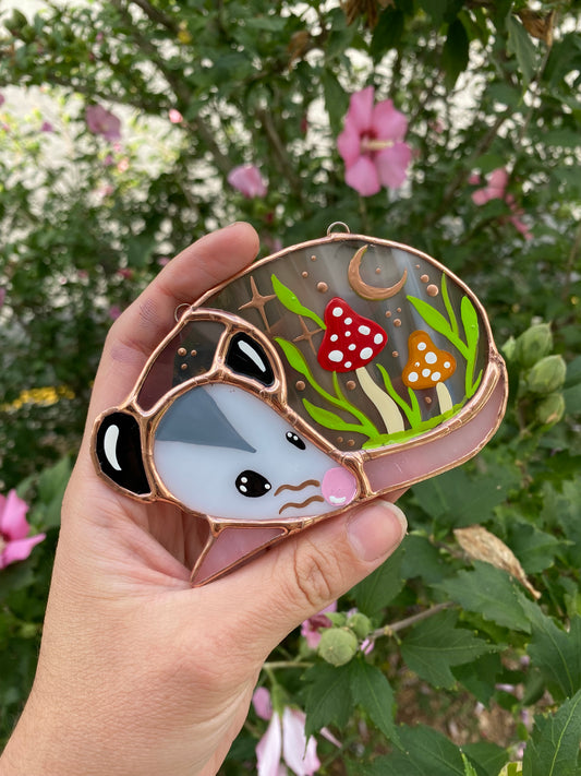 Mini Mushroom Opossum Stained Glass Suncatcher