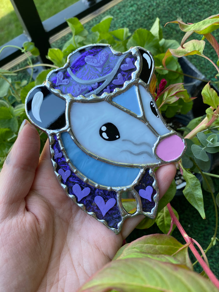 Mini Purple Cowboy Opossum Stained Glass Ornament