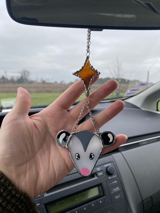 Silver Opossum Starburst Stained Glass Car Charm