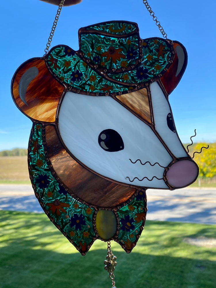 Garden Cowboy Opossum Stained Glass Suncatcher