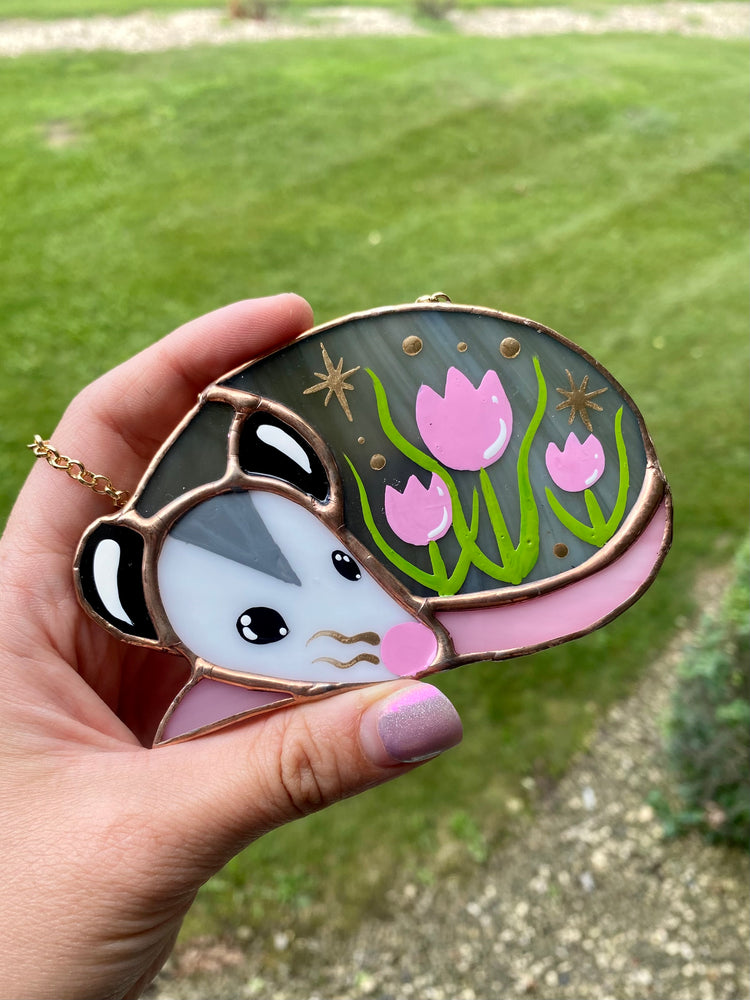 Sleepy Pink Tulip Opossum Stained Glass Ornament