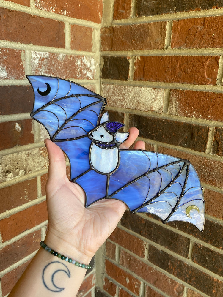 Black and Blue Wizard Bat Stained Glass Suncatcher