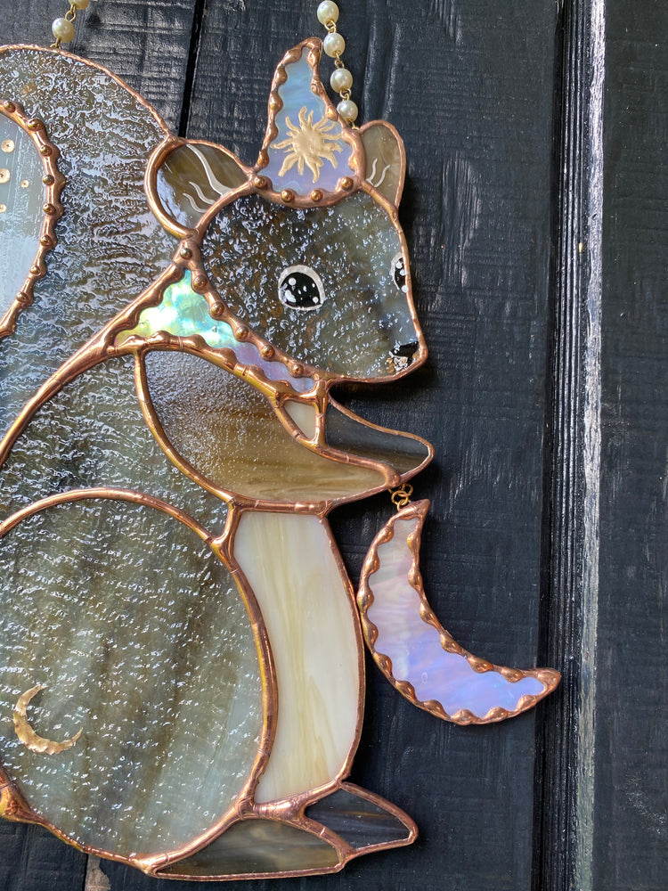 Moon Squirrel Wizard Stained Glass Suncatcher