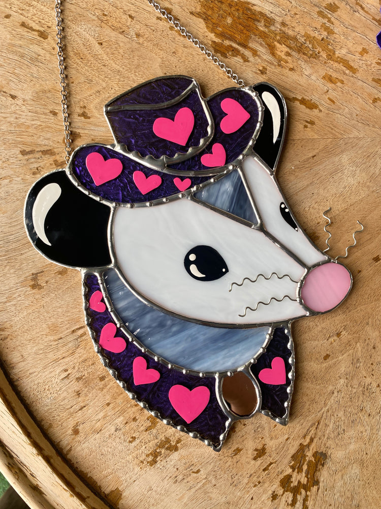 Pink and Purple Cowboy Opossum Stained Glass Suncatcher