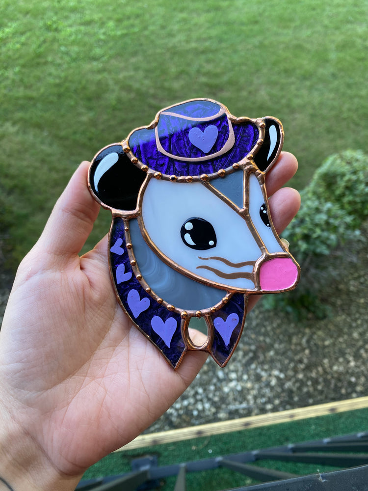 Mini Purple Cowboy Opossum Stained Glass Ornament