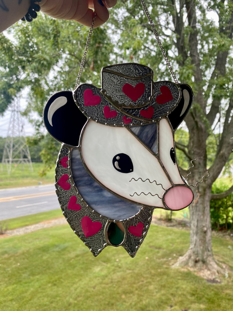 Pink and Purple Cowboy Opossum Stained Glass Suncatcher