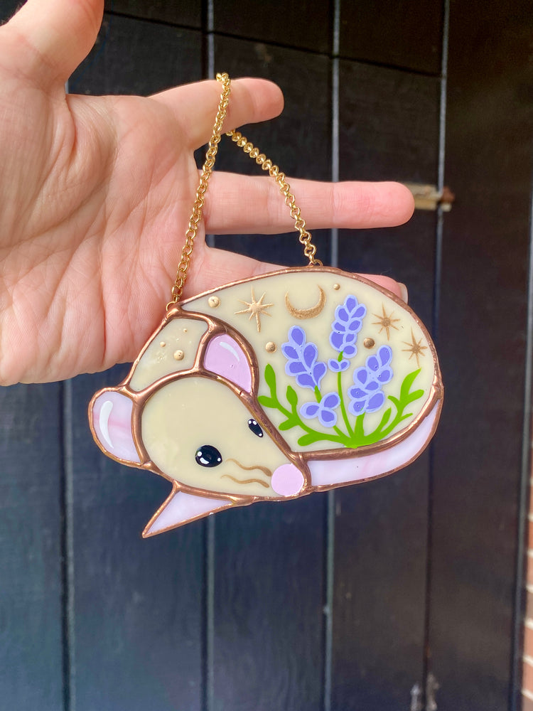 Mini Tan Lavender Rat Stained Glass Ornament