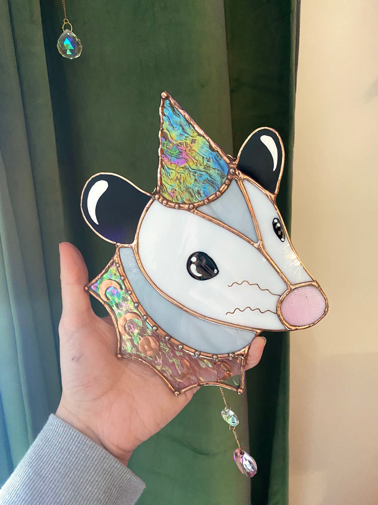 Iridescent Wizard Opossum Stained Glass Suncatcher