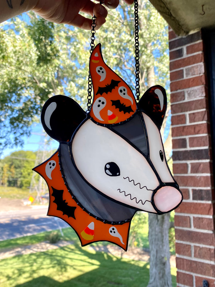 (cracked!) Halloween Opossum Stained Glass Suncatcher