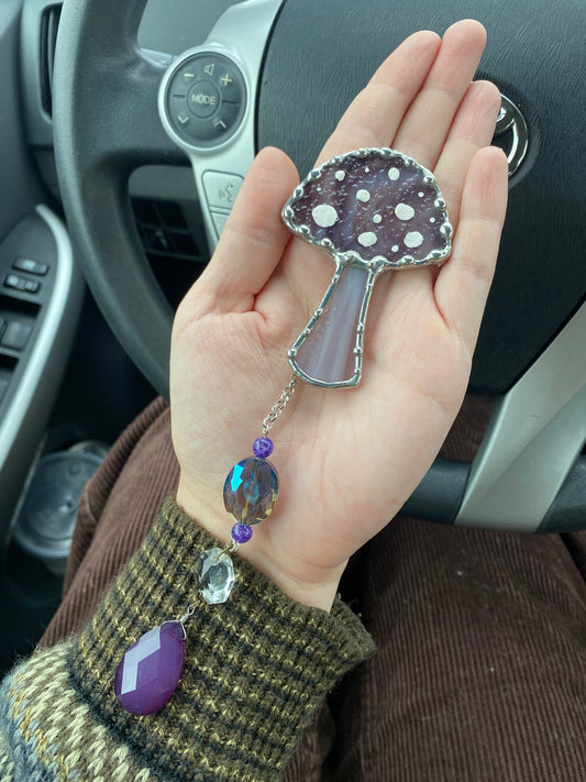 Whimsy Purple Mushroom Stained Glass Car Charm