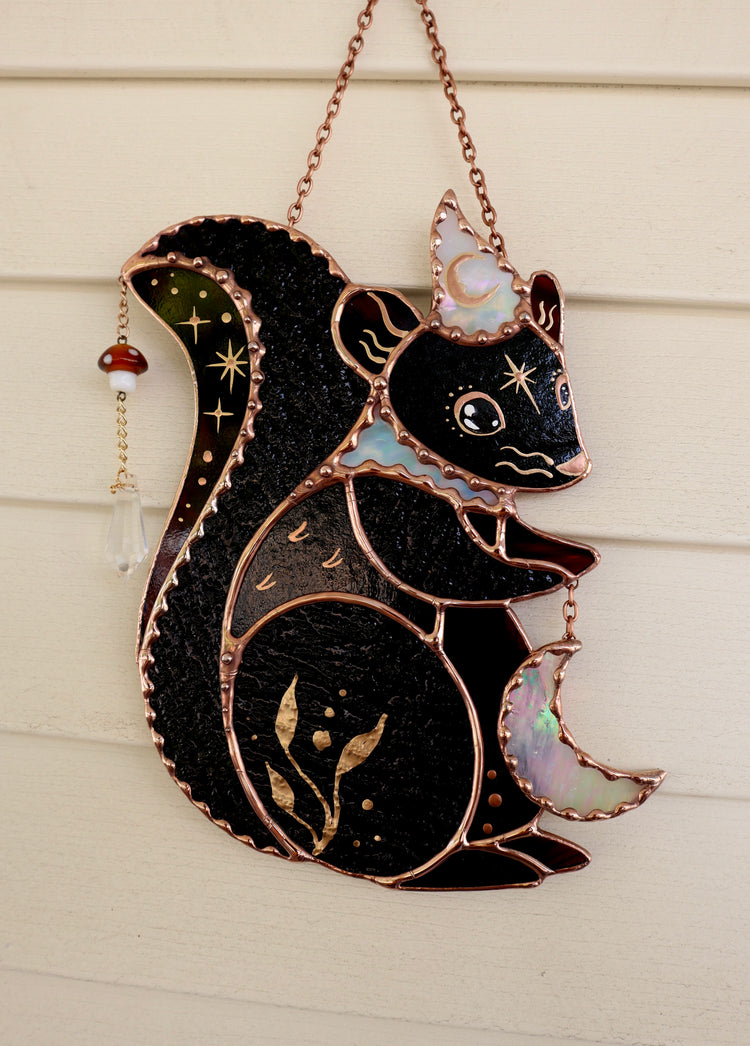 Moon Squirrel Wizard Stained Glass Suncatcher