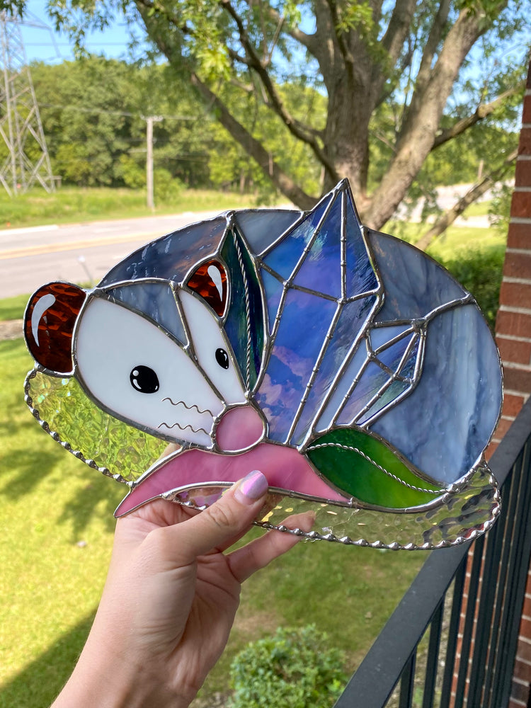 Blue Crystal Guardian Opossum Stained Glass Suncatcher