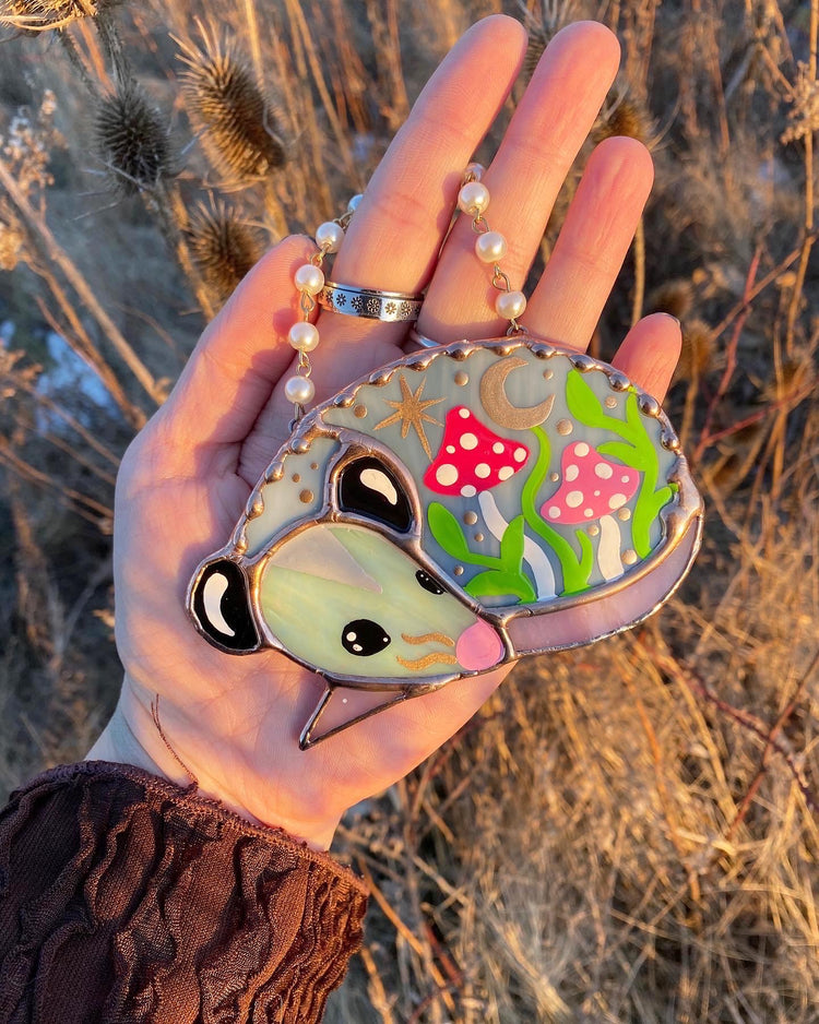 Mini Pink (ver 2) Sleepy Mushroom Opossum Stained Glass Ornament