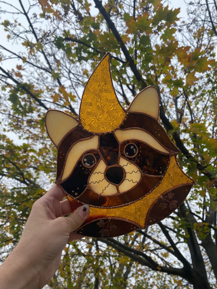 Golden Wizard Raccoon Stained Glass Suncatcher