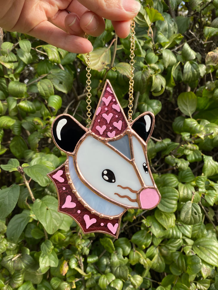 Pink Glitter Heart Opossum Stained Glass Ornament