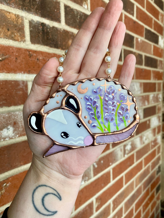 White Lavender Opossum Stained Glass Ornament