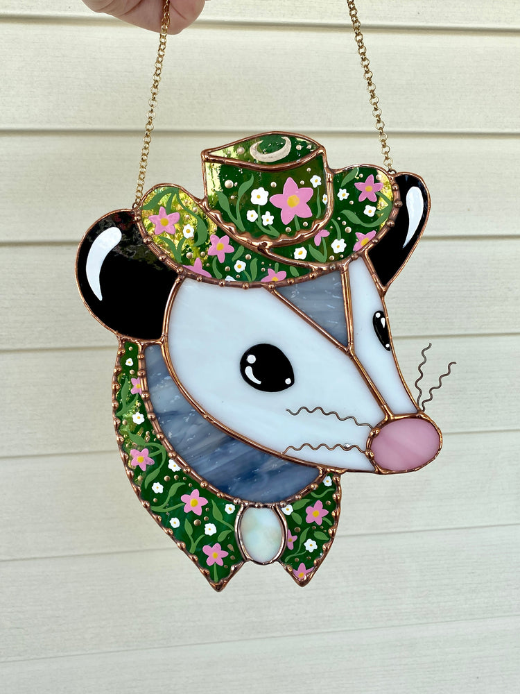 Midsummer Cowboy Opossum Stained Glass Suncatcher