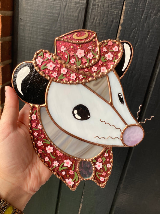 Ornate Floral Cowboy Opossum Stained Glass Opossum