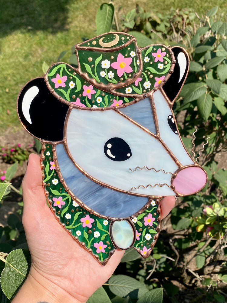 Midsummer Cowboy Opossum Stained Glass Suncatcher