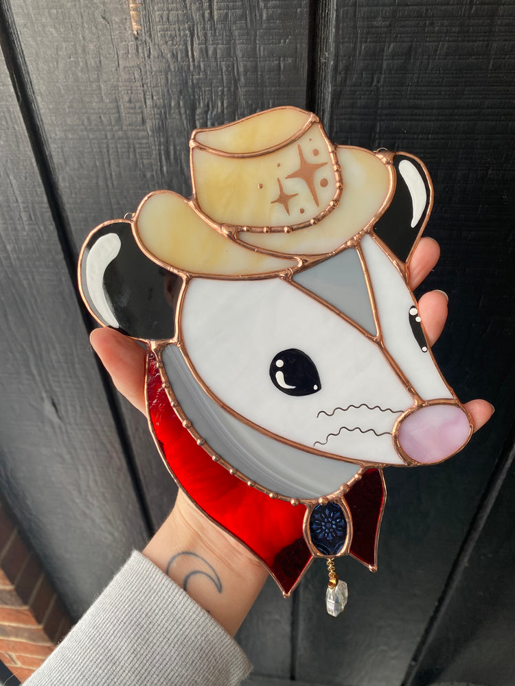 Cowboy Opossum Stained Glass Suncatcher