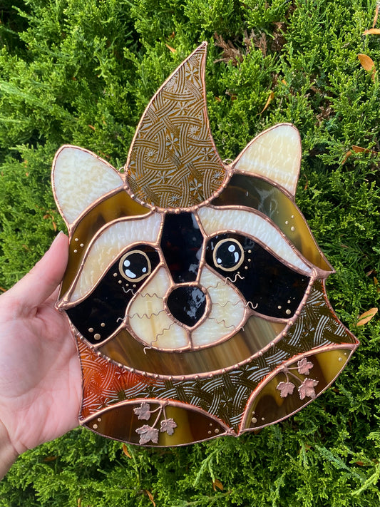 Golden Wizard Raccoon Stained Glass Suncatcher