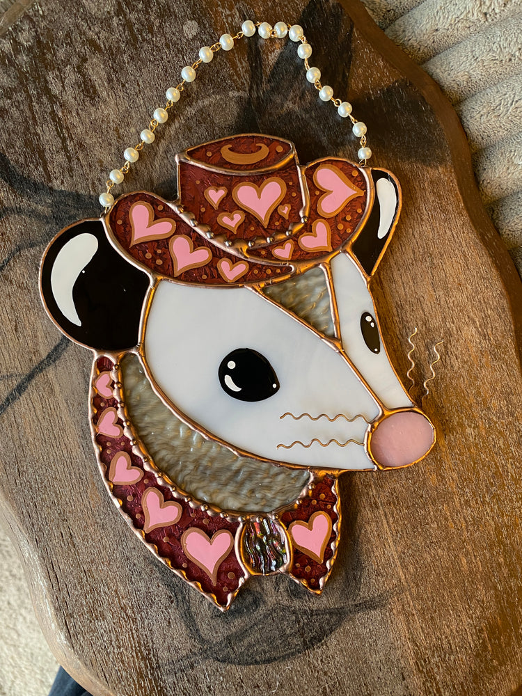 Pink Heart Cowgirl Opossum Stained Glass Suncatcher