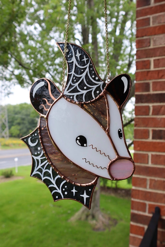 Spiderweb Wizard Opossum Stained Glass Suncatcher