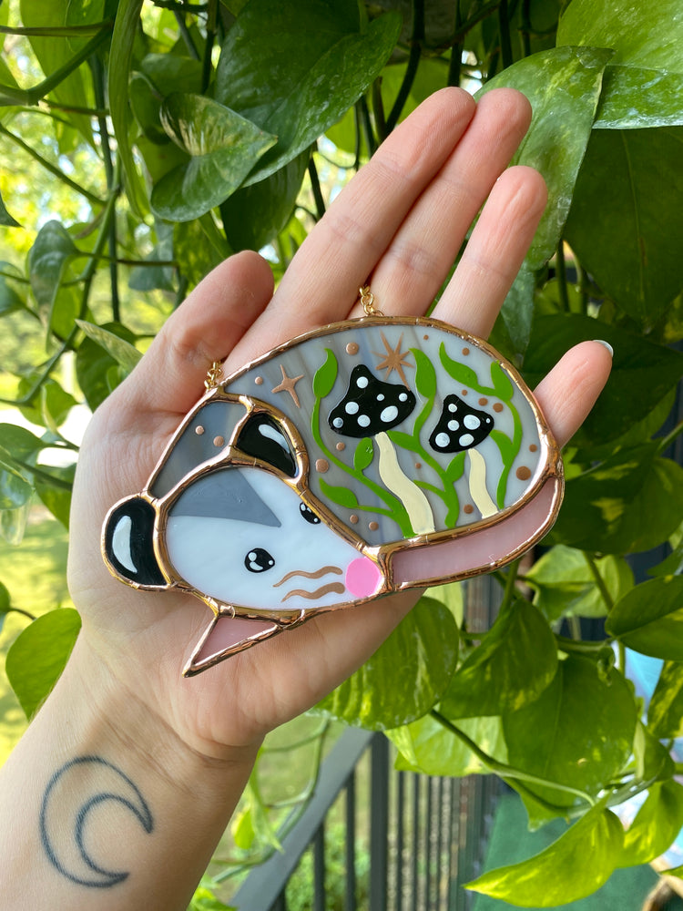 Black Mushroom Opossum Stained Glass Ornament