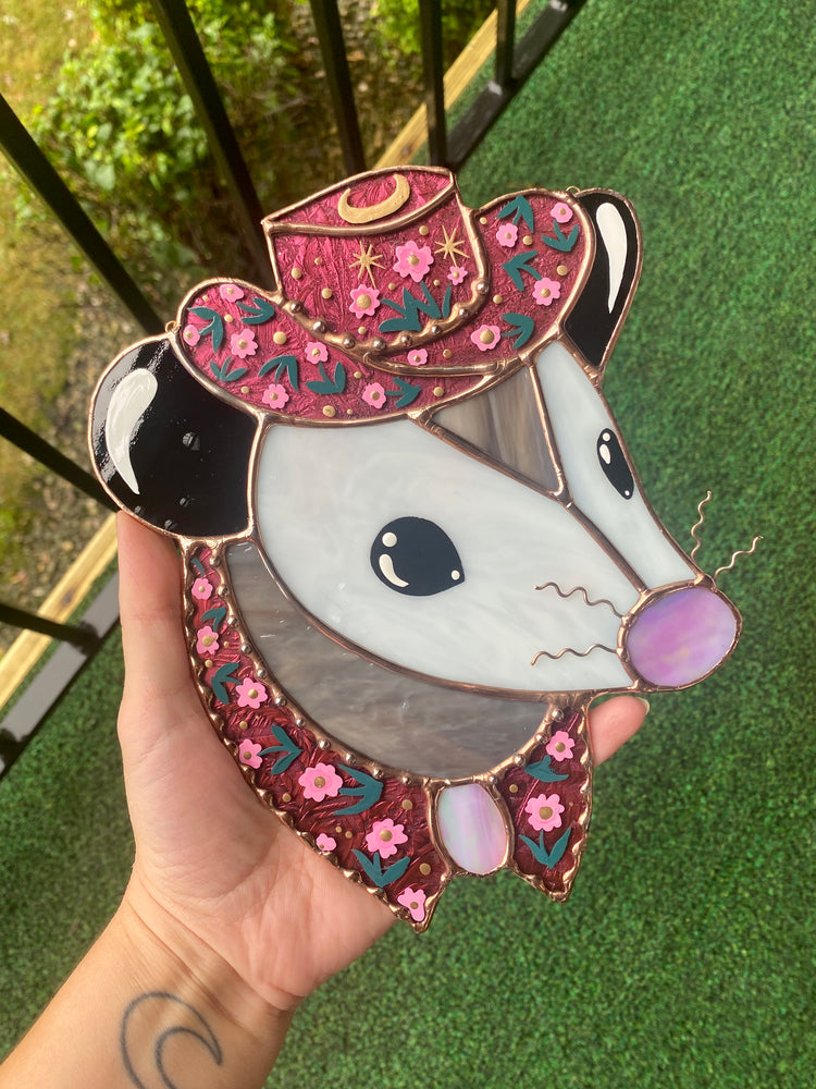 Pink Flower Cowboy Opossum Stained Glass Suncatcher