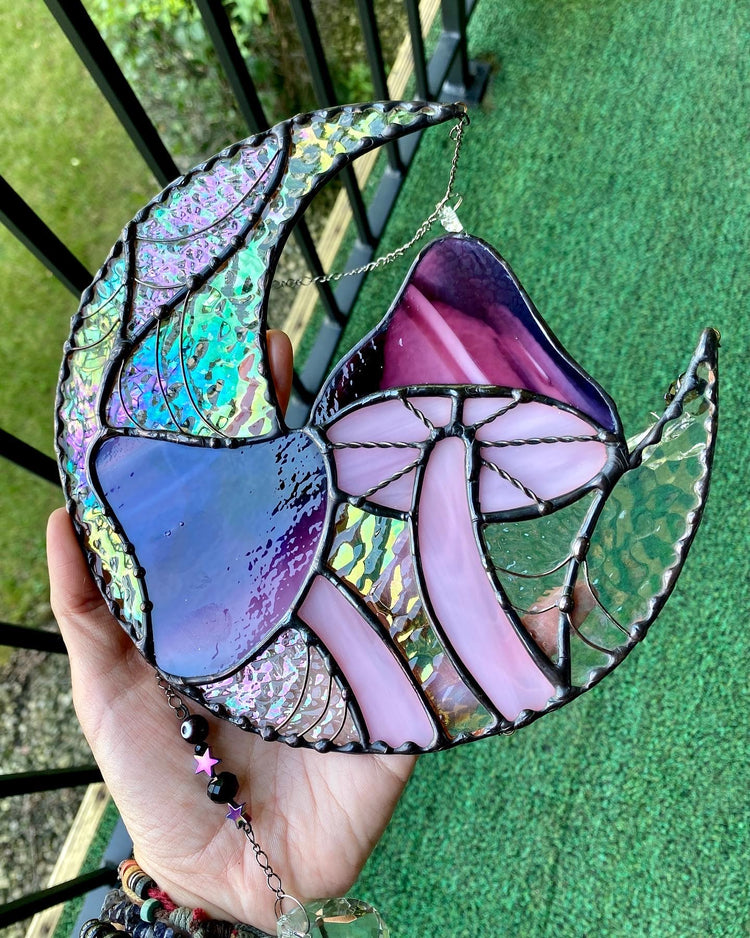 Spiderweb Mushroom Moon Stained Glass Suncatcher