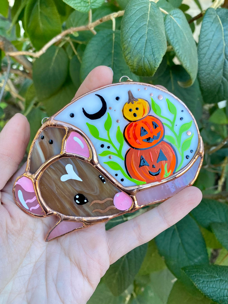 Mini Brown Hooded Rat with Stacked Pumpkins Stained Glass Suncatcher