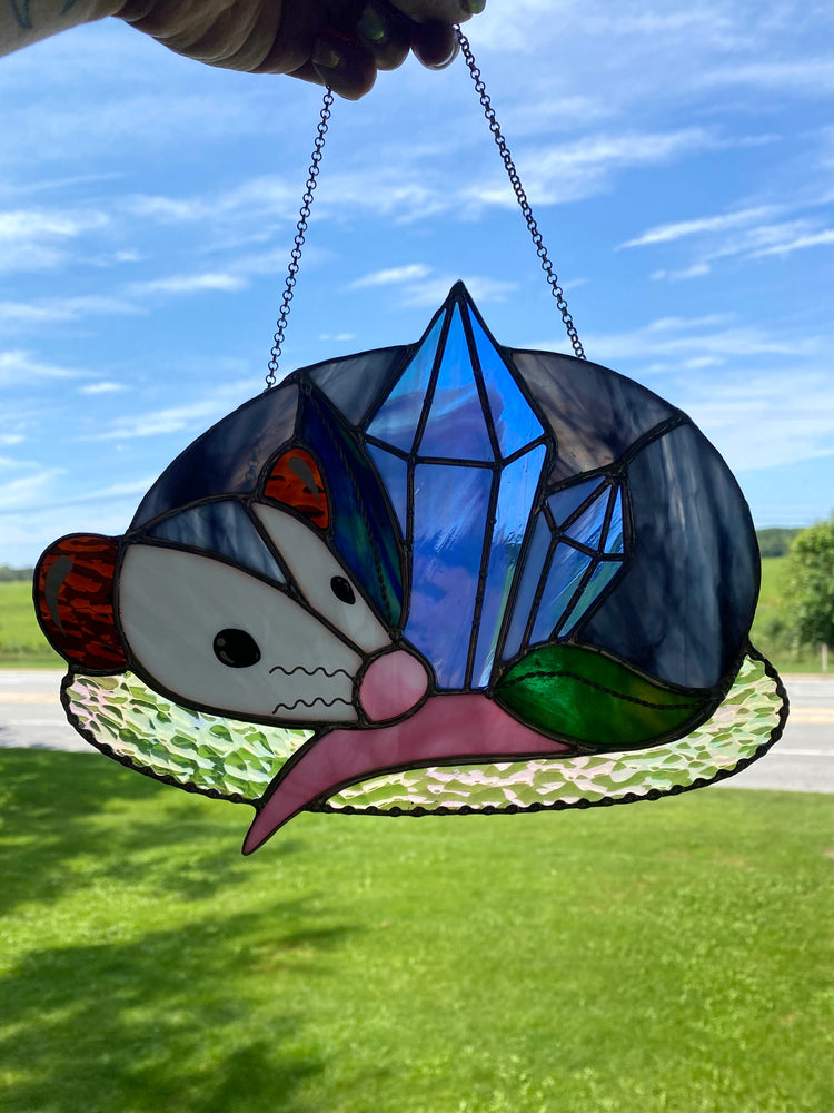 Blue Crystal Guardian Opossum Stained Glass Suncatcher