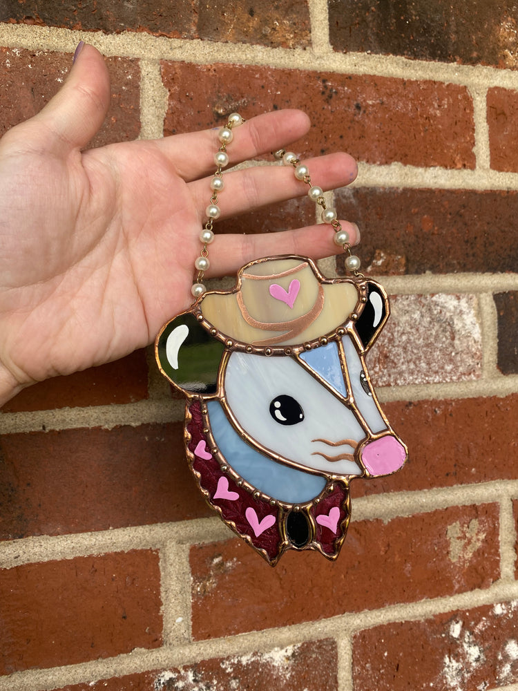 Pink Heart Cowboy Opossum Stained Glass Ornament