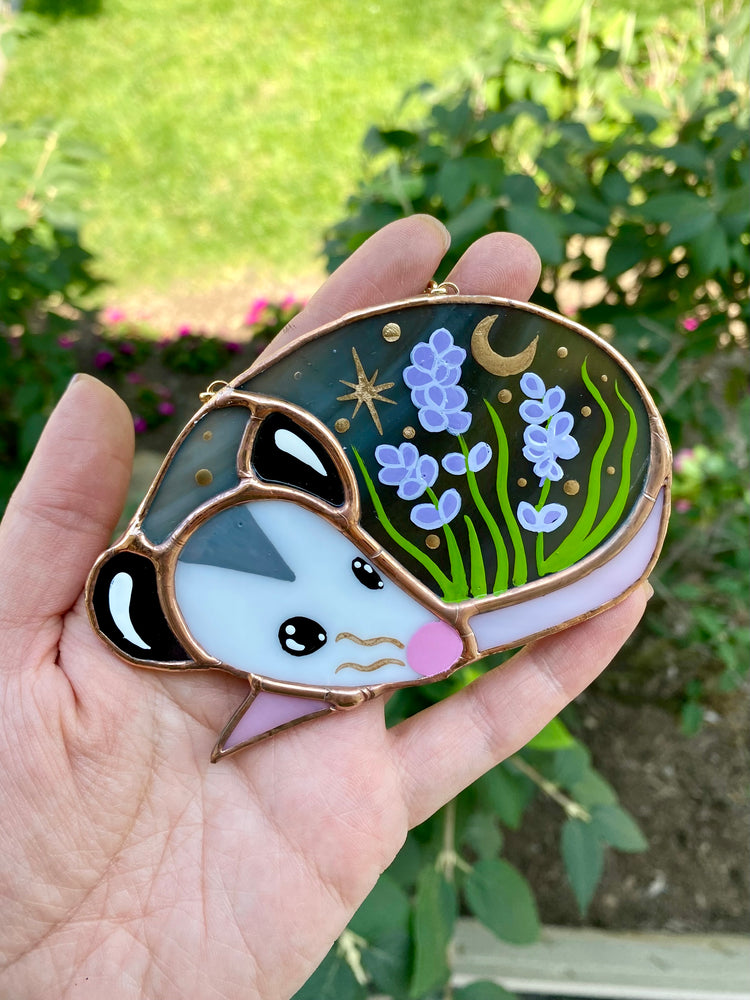 Sleepy Lavender Opossum Stained Glass Ornament