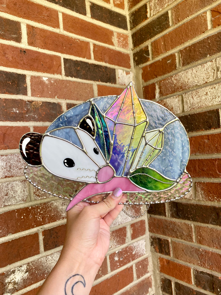 Blue Crystal Guardian Opossum Stained Glass Suncatcher