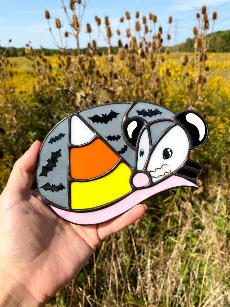 Candy Corn Opossum Stained Glass Suncatcher