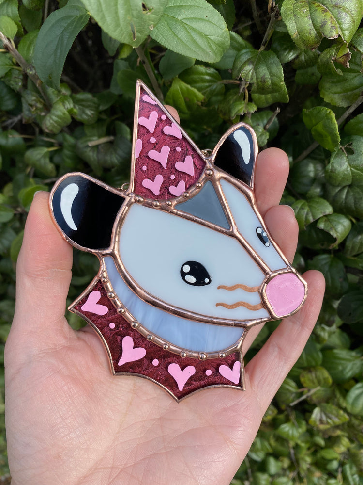 Pink Glitter Heart Opossum Stained Glass Ornament